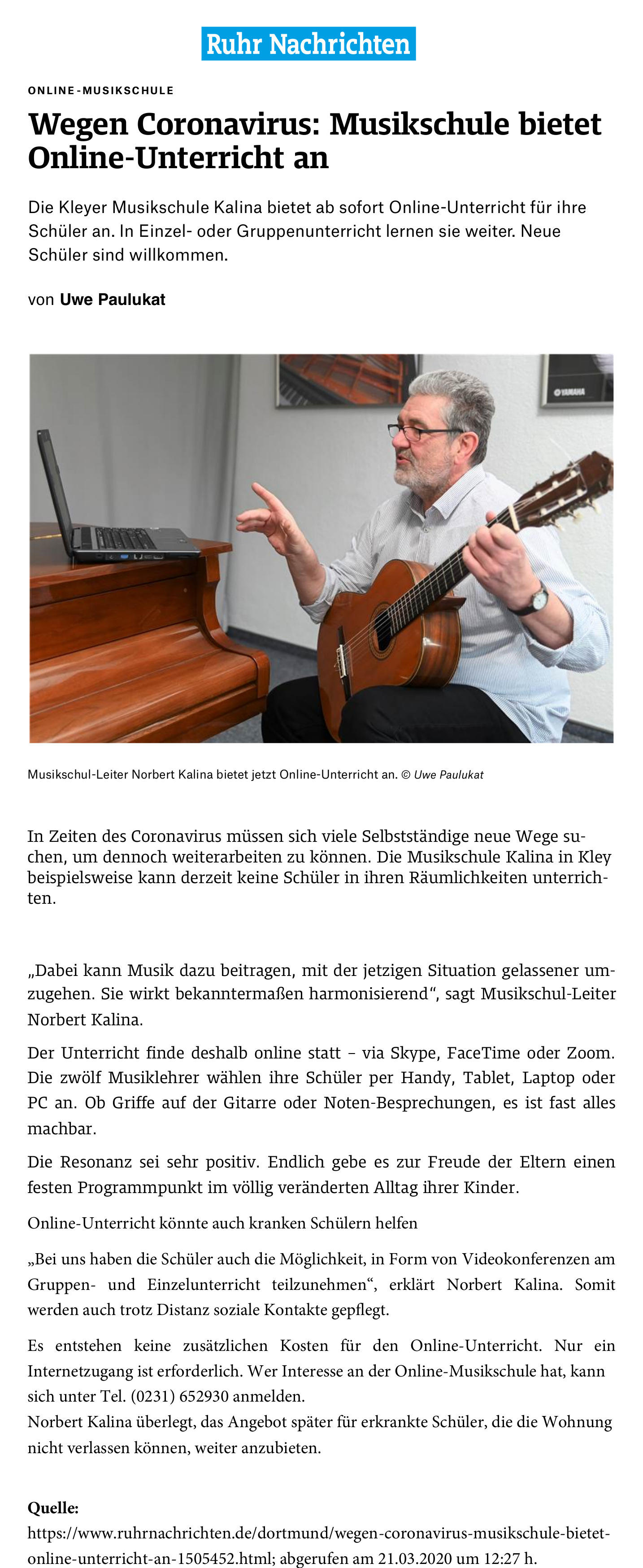 Musikschule Kalina bietet Online-Unterricht an (Quelle: RuhrNachrichten)